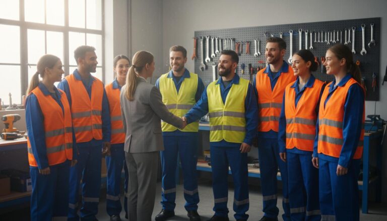 Arbejdere i sikkerhedsveste hilser